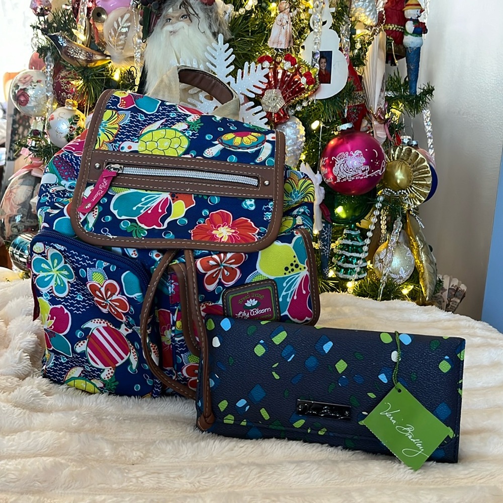 Lily Bloom GUC back pack in hibiscus’s and sea turtle theme and wallet